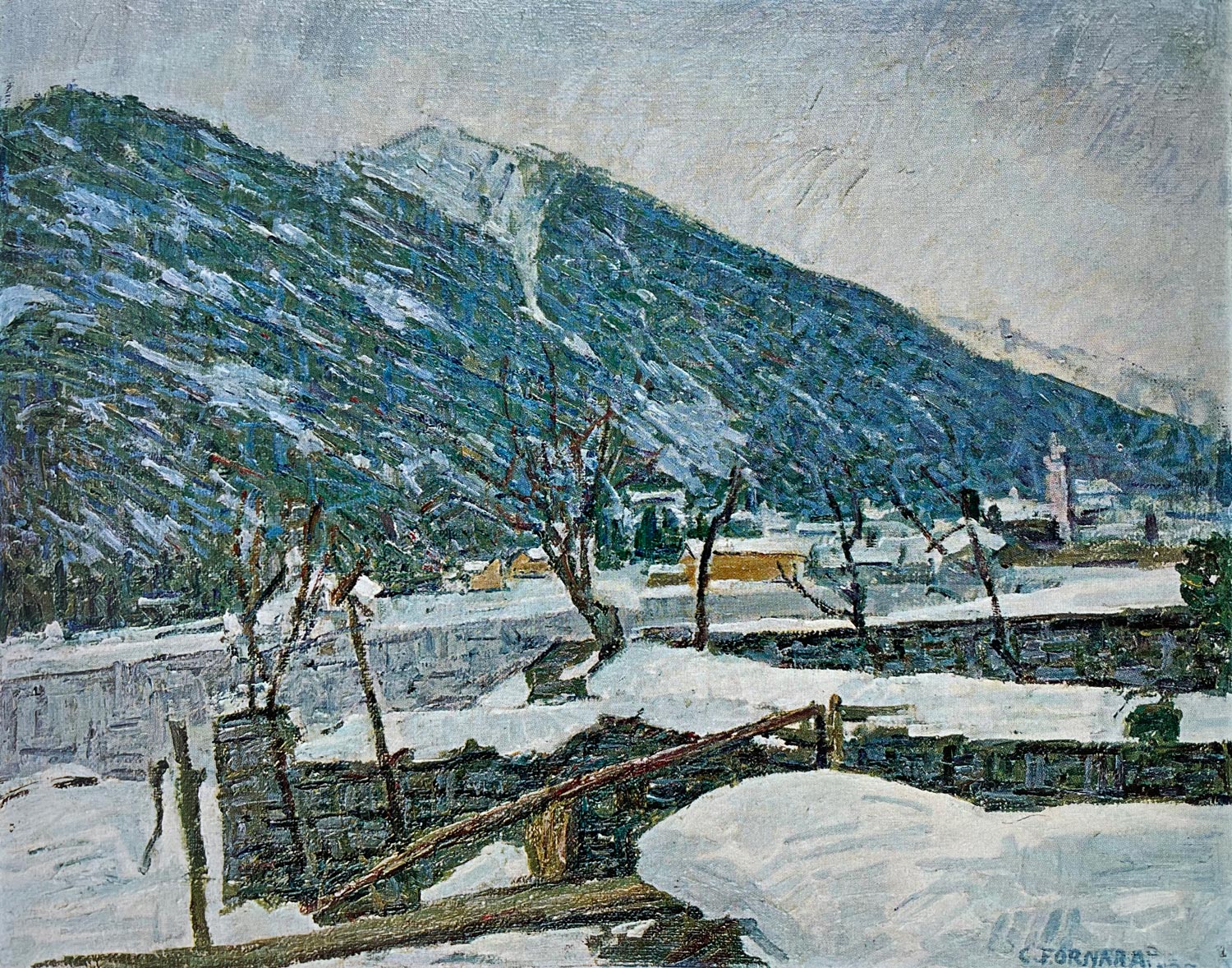 Carlo Fornara, Santa Maria sotto la neve, 1950,	olio, 40x50 cm - Collezione Privata