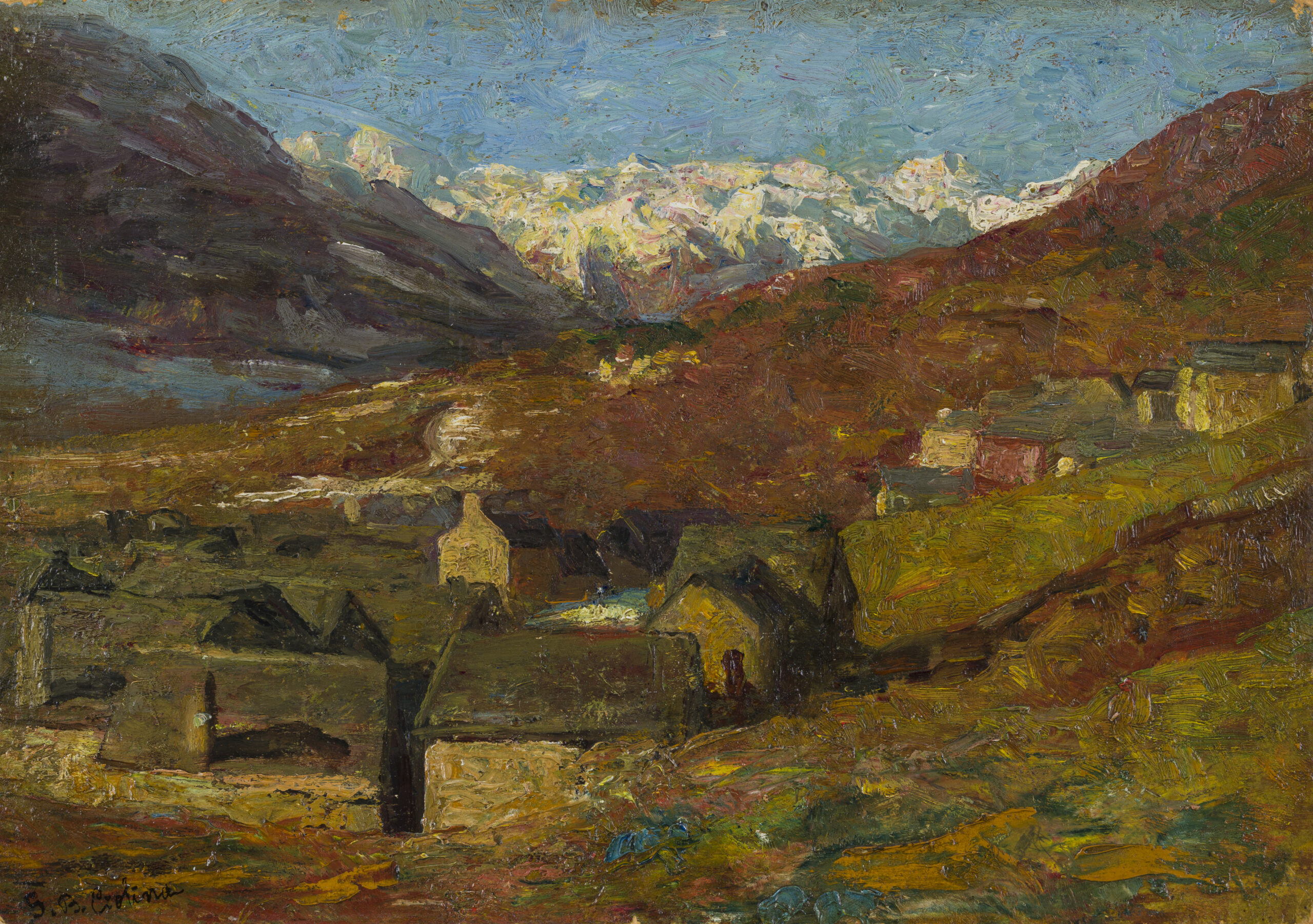 Giovanni Battista Ciolina, Le Alpi Lepontine da Toceno, 1894, Olio su tavoletta, 25x35, Collezione Privata
