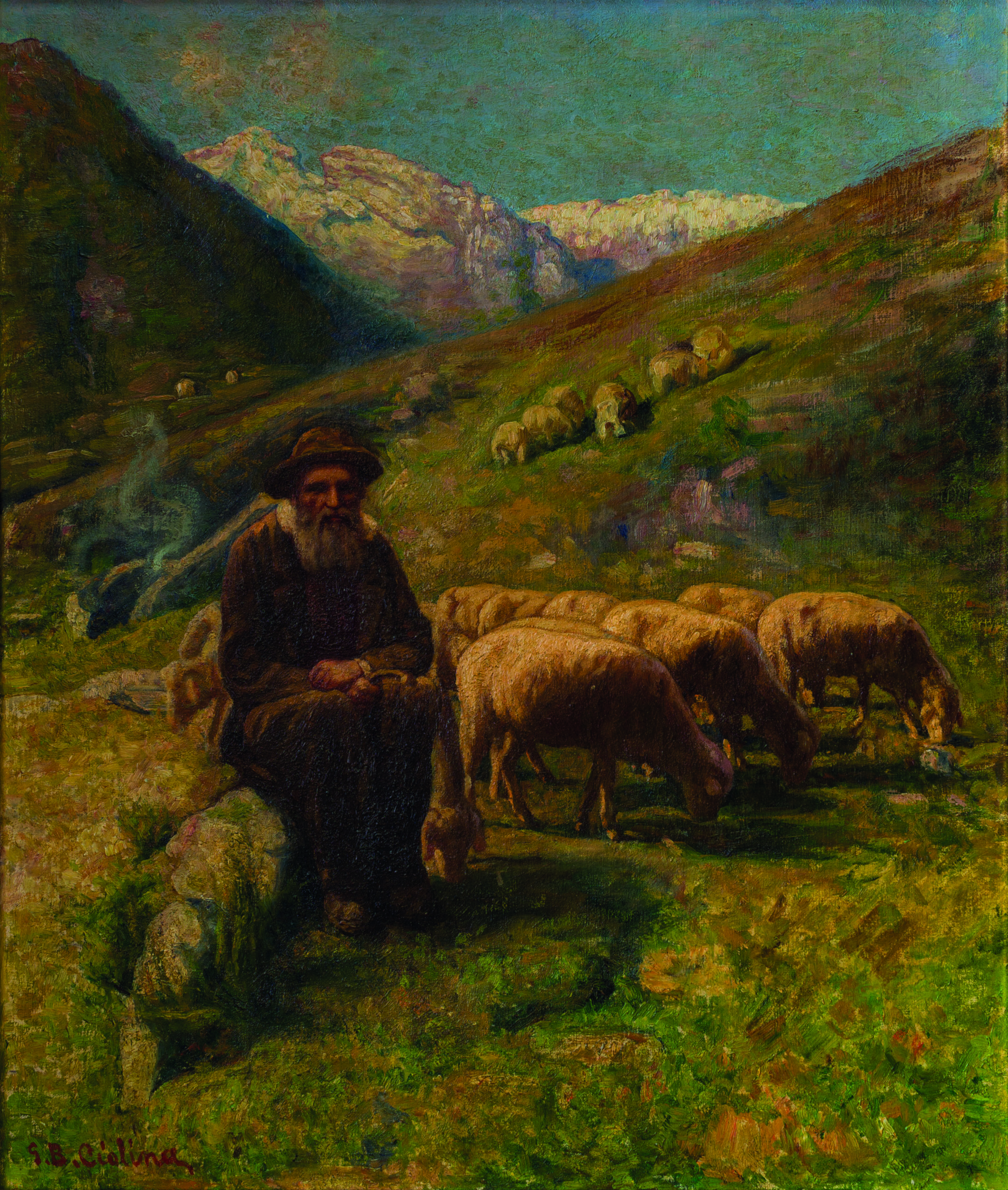 Giovanni Battista Ciolina, Anziano pastore con pecore, 1900-1910, Olio su tela, Collezione Privata
